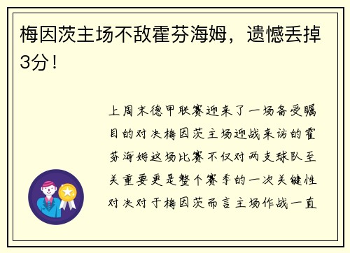 梅因茨主场不敌霍芬海姆，遗憾丢掉3分！